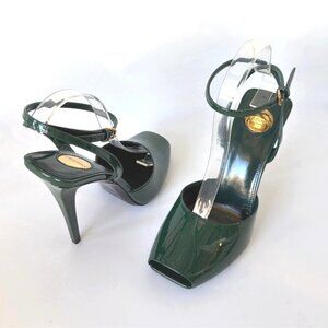 Saint Laurent La Scandale Heeled Sandals Ankle Strap Green Leather Size 38.5
